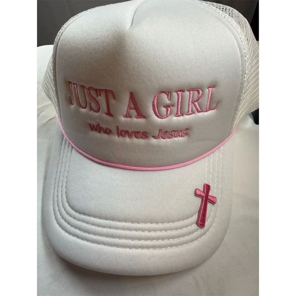 Just A Girl Who Loves Jesus Trucker Hat Womens White Pink Embroidered